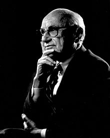 The Nobel laureate Milton Friedman was affiliated with the University of Chicago for three decades; his ideas and his students made significant contributions to the development of Chicago School theory. Portrait of Milton Friedman.jpg