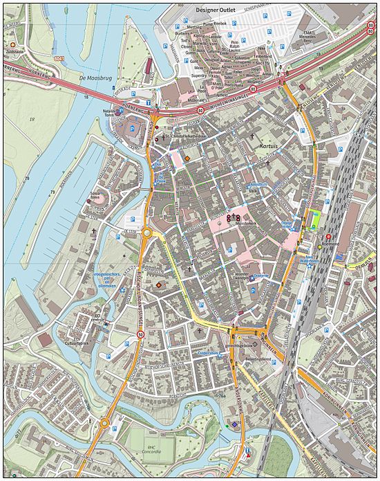Kaart van het oude centrum van Roermond.