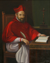 Cardinal Robert Bellarmine (1542-1621), who deliberated upon Galileo's writings in 1615-6, and ordered him to refrain from holding, teaching or discussing Copernicanism Saint Robert Bellarmine.png