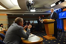 John Kerry listens to a Question
of reporter Matt Lee,
after giving remarks on
World Press Freedom Day
(3rd May 2016). Secretary Kerry Listens to a Question After Giving Remarks on World Press Freedom Day (26704656802).jpg