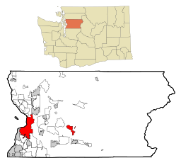 Everetts läge i Snohomish County och countyts läge i Washington.