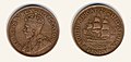 V. György brit király dél-afrikai 1 pennys érméje 1929-ből. A Dél-afrikai Unió érméin az aktuális brit uralkodó portréja szerepelt fő motívumként. Átmérője: 31 mm.