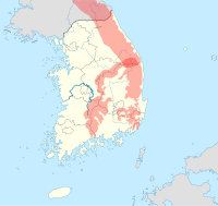 태백산맥·소백산맥의 두 산맥과 금강이 특별히 표시된 지도 South Korea location map with taebaek sobaek mountains and geum river marked.svg