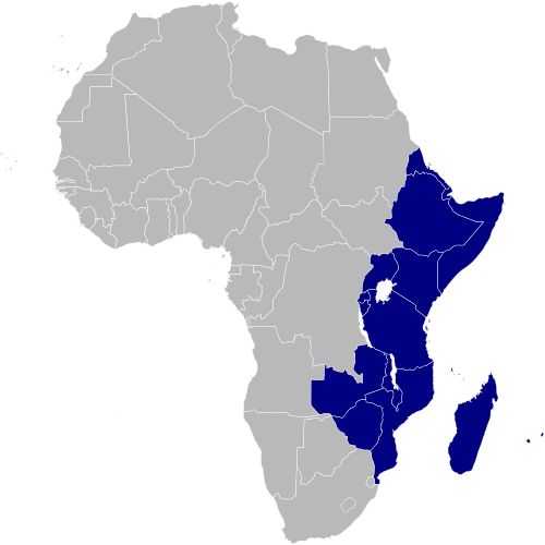 Map of Africa with the Eastern countries highlighted