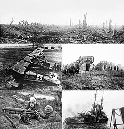 Képek a bal felsőtől: nyugati front * Albatros D.III a Jasta 11 vadászszázadnál Douai mellett * Brit Mark V tankok * Vickers géppuskát kezelő gázálarcos katonák * HMS Irresistible