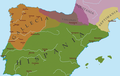 Mapa político do Suroeste europeo (550-600) onde se reflicten tres territorios, a Galicia (Gallaecia), gobernada polos reis suevos, e a España (Hispania) e Septimania gobernada polos reis visigodos.