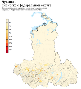 Расселение чувашей в СФО по городским и сельским поселениям в %, перепись 2010 г.