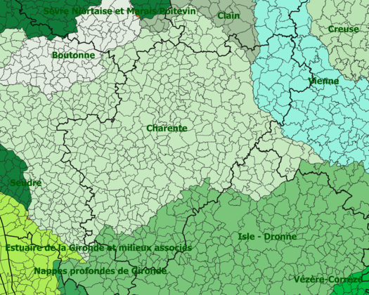 Carte des SAGE de la Charente au 17 juin 2022. Le département est couvert par 4 SAGE (Charente, Isle-Dronne, Vienne et Clain)