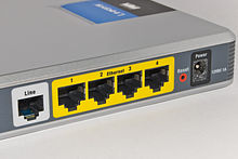 A typical home or small office DSL router showing the telephone socket (left, white) to connect it to the internet using ADSL, and Ethernet jacks (right, yellow) to connect it to home computers and printers. Adsl connections.jpg