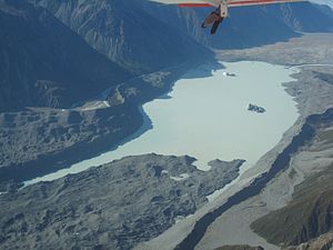 Aerial view of New Zealand's Lake Tasman, surr...