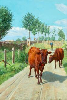 Køer på en vej nær Orehoved på Falster, 1891