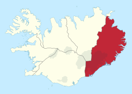 Ligging van Austurland (rood) binnen IJsland