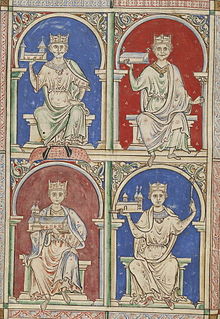 England's four Norman kings depicted in Matthew Paris' 13th century Historia Anglorum. Row 1: William I and William II. Row 2: Henry I and Stephen of Blois. BL MS Royal 14 C VII f.8v.jpg