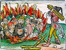Jews burned alive for the alleged host desecration in Deggendorf, Bavaria, in 1338, and in Sternberg, Mecklenburg, in 1492; a woodcut from the Nuremberg Chronicle (1493) Burning Jews.jpg