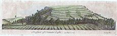 Hand-coloured engraving of a view of Cadbury Castle, an Iron Age hillfort in Somerset, England, drawn by William Stukeley (1687-1765).