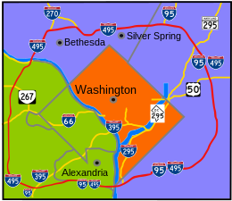 The Capital Beltway circles Washington, D.C. Capital Beltway Map Color.svg
