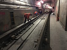 Lower level tracks Direct Fixation Fastener track installed in the 63rd Street tunnel. (CM007, 1-22-2018) (39204149984).jpg