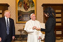 Francis with U.S. President Donald Trump and First Lady Melania in 2017 Donald Trump Pope Francis Melania Trump in 2017.jpg