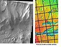 恆河峽谷北方峭壁，點選影像可看該峽谷和其他科普來特斯區地形特徵關係。2001火星奧德賽號的熱輻射成像系統拍攝