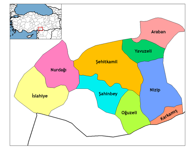 Mapa dos distritos da província de Gaziantepe