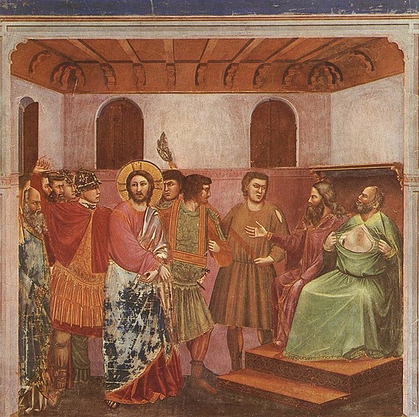 Ficheiro:Giotto - Scrovegni - -32- - Christ before Caiaphas.jpg