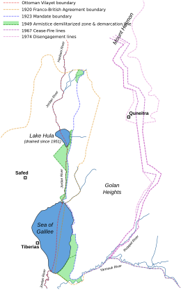 Map 4: Borders in the region of the Sea of Galilee and Golan Heights, showing the Ottoman boundaries, the 1920 agreement and the 1923 agreement GolanHistoricalBorders.svg