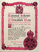Certificate issued by The Ministry of Labour for The National Scheme for the Employment of Disabled Men, recognising the membership of Hick Hargreaves and Co. Ltd. Signed by Thomas James Macnamara, Minister of Labour 1920–1922.