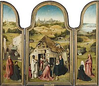Adoration of the Magi by Hieronymus Bosch, with the infant Christ being shadowed by the Jewish "false Messiah", who is seen half-naked wearing a pointed cap in the stable doorway.