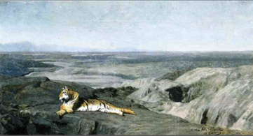 Esquisse Tigre couché, au clair du lune.