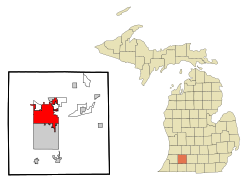 左: カラマズー郡におけるカラマズーの市域 右: ミシガン州におけるカラマズー郡の位置の位置図