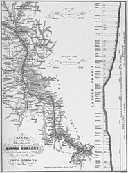 Карта и протяженный профиль канала Людвига, гравюра на стали Александра Маркса, 1845 год (Karte und Längenprofil des Ludwig Kanales, Stahlstich (1845) von Alexander Marx)