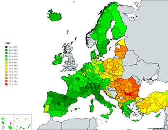 ОПЖ в регионах Италии на фоне других регионов Европы в 2019 и 2022 годах, согласно Евростату[2][3](легенды на картах одинаковые) 
