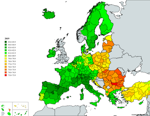 Life expectancy in Belgian regions in comparison with regions of other European countries in 2019 and 2022, according to Eurostat[3][4](legends on the maps are identical)