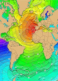 Calculated travel times (in hours) for the tsunami waves of 1 November 1755 Lisbon 1755 tsunami travel times.jpg