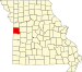 Map of Missouri highlighting Cass County Map of Missouri highlighting Cass County.svg