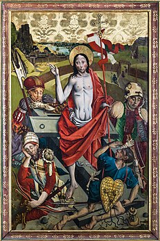 La Résurrection du Christ, tempera sur panneau, anonyme de 1480, dans l'église de Maria Laach am Jauerling (Basse-Autriche). (définition réelle 3 630 × 5 464)