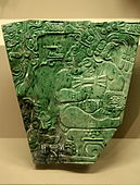 Placă cu un rege mayaș; 400-800; jad; înălțime: 14 cm, lățime: 14 cm; British Museum (Londra)