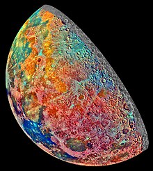 An artificially colored mosaic constructed from a series of 53 images taken through three spectral filters by Galileo's imaging system as the spacecraft flew over the northern regions of the Moon on 7 December 1992. The colors indicate different materials. Moon Crescent - False Color Mosaic.jpg