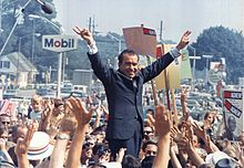 U.S. presidential candidate Richard Nixon using the gesture as a victory sign in 1968. NIXONcampaigns.jpg