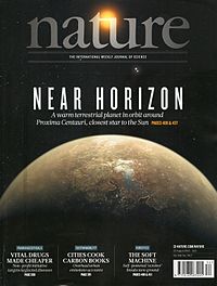 Obálka Nature volume 536 number 7617 zobrazující umělecký dojem z Proxima Centauri b.jpg