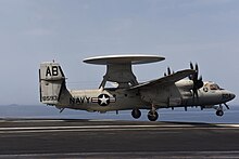 VAW-126 E-2D Hawkeye launches from USS Harry S. Truman in 2018 Northrop Grummann E-2D Hawkeye of VAW-126 launches from USS Harry S. Truman (CVN-75) in the Mediterranean Sea on 19 May 2018 (180519-N-EA818-0233).JPG