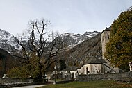 Old Church and Old Linden Tree with the east wall of Monte Rosa in the background, Macugnaga, Italy