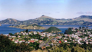 View across Port Chalmers and Otago Harbour to Otago Peninsula.
