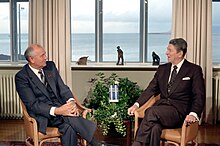 Mikhail Gorbachev in one-to-one discussions with Ronald Reagan in the Reykjavik Summit, 1986 President Reagan meeting with Soviet General Secretary Gorbachev at Hofdi House during the Reykjavik Summit Iceland.jpg