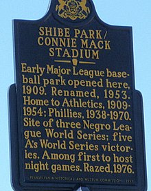 Shibe Park/Connie Mack Stadium historical marker 2014 Shibe Park historical marker.JPG