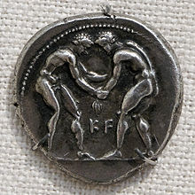 Wrestlers on a silver tetradrachm of Aspendos, Pamphilia (400–374 BC)