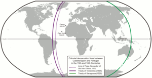 The 1494 Treaty of Tordesillas meridian (purple) and the later Maluku Islands antimeridian (green), set at the Treaty of Zaragoza (1529) Spain and Portugal.png