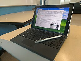 A Surface 3, with attached type cover and surface pen accessories