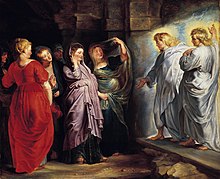 The Three Marys at the Tomb by Peter Paul Rubens, with Mary Magdalene in red The Holy Women at the Sepulchre by Peter Paul Rubens.jpg