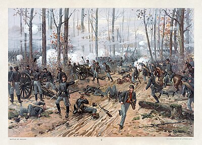 'n Illustrasie van die Slag van Shiloh gedurende die Amerikaanse Burgeroorlog deur Thure de Thulstrup (1848–1930) in 1888.